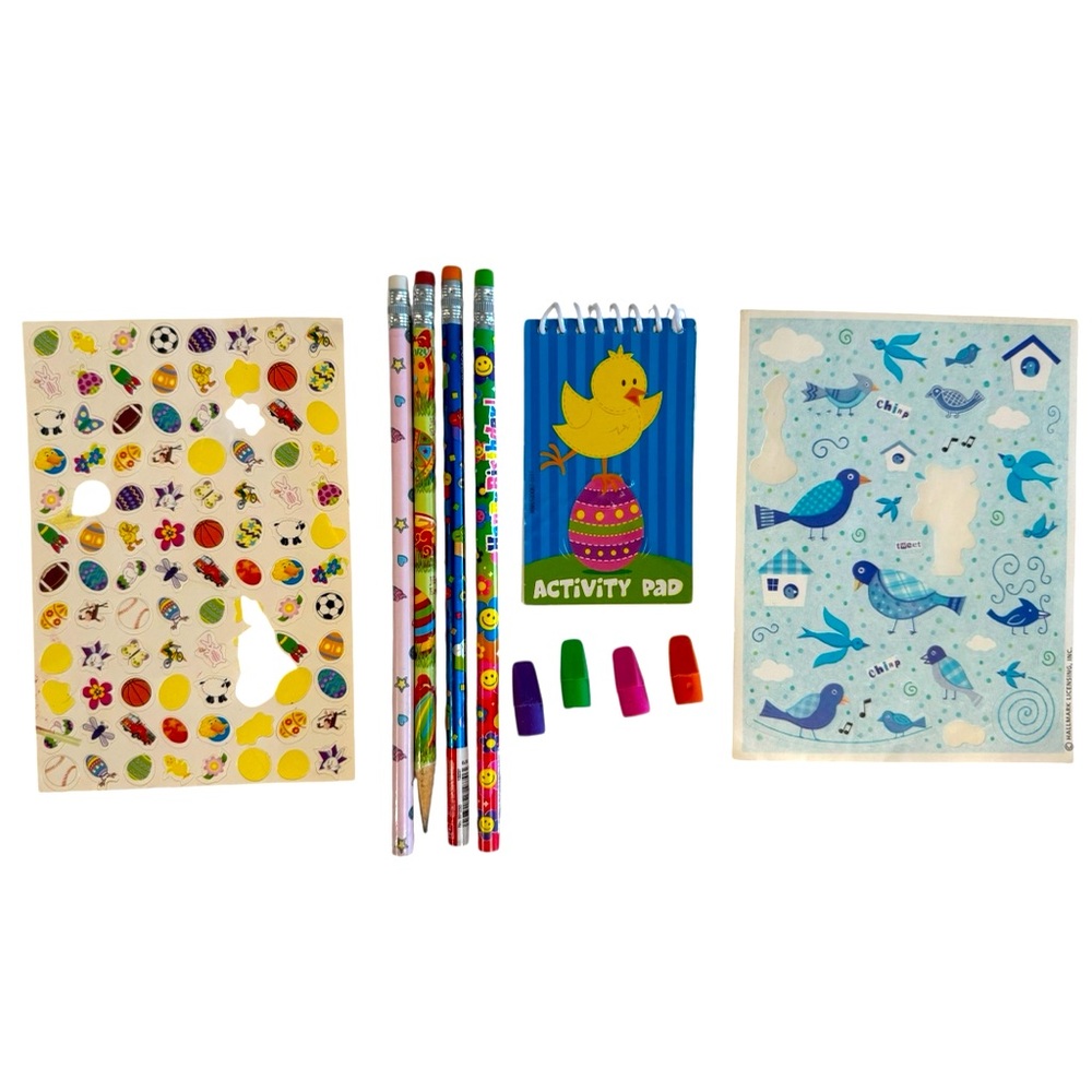 108 stickers 4 pencils 4 erasers & spiral activity pad
